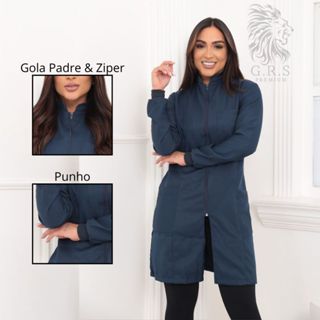 Jaleco azul para enfermeiras elegante com ziper punho e gola padre, acinturado tecido gabardine feminino, dentista, fisioterapia, enfermagem, uniformes