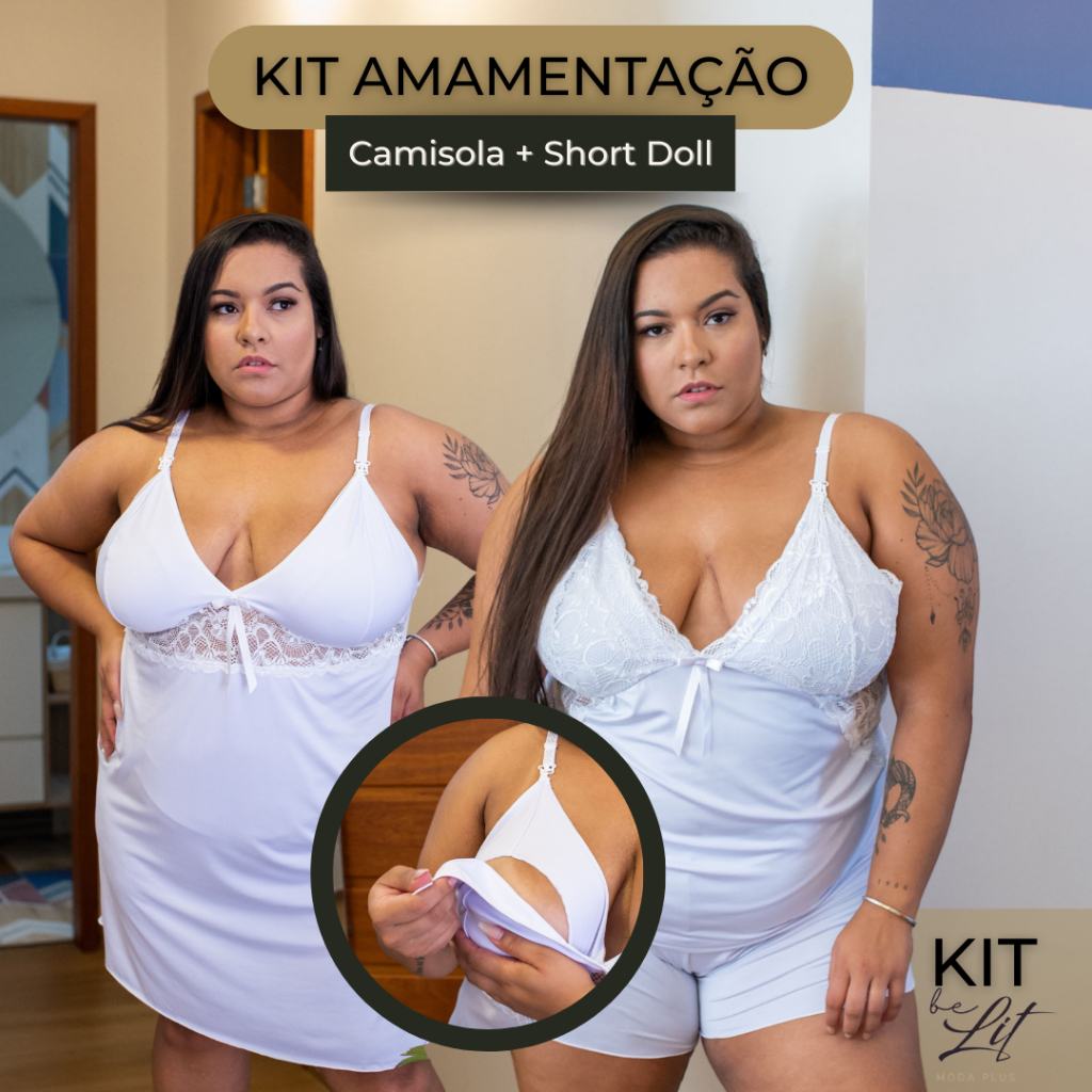 KIT 2 Peças – Camisola e Short doll Amamentação Plus Size 50 52 54 56 Pós-parto Gestante Maternidade Pijama BeLIT MODAS