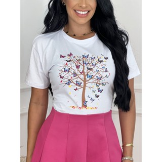 Blusa tshirt estampada Árvore e Borboletas com strass branca algodão