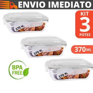 Conjunto 3 Potes Vidro Hermético Mantimentos Marmita Fitness 370ml