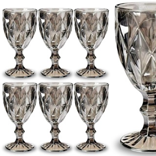 Jogo 6 Taça Diamante Copo Vidro Fumê Bico De Jaca 330ml