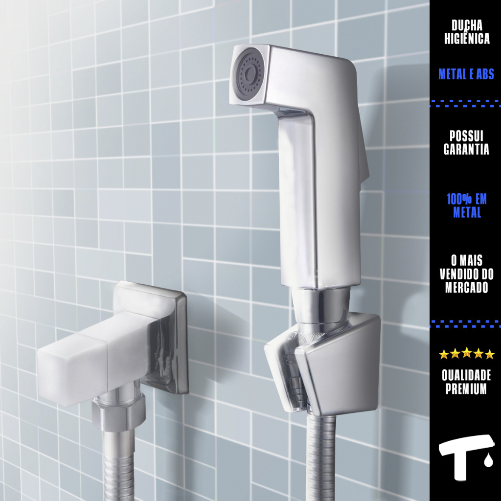 Ducha Higiênica Cromada Quadrada  Registro 1/4 de Volta Metal para Banheiro e Lavabo