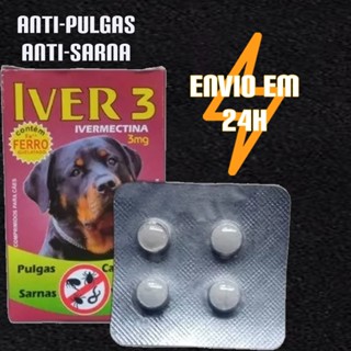 Remédio contra Carrapato, Pulga e Sarna Iver3 Ivermectina 3mg Com Ferro Para Cães de 5 a 15kg c/ 4 Comprimidos - Vermífugo