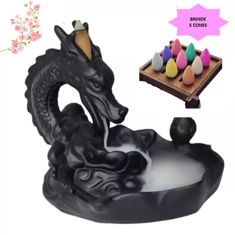 Imagem Porta Incenso Dragão Chinês Aromatizador  Cascata de Fumaça + 5 Cone brinde