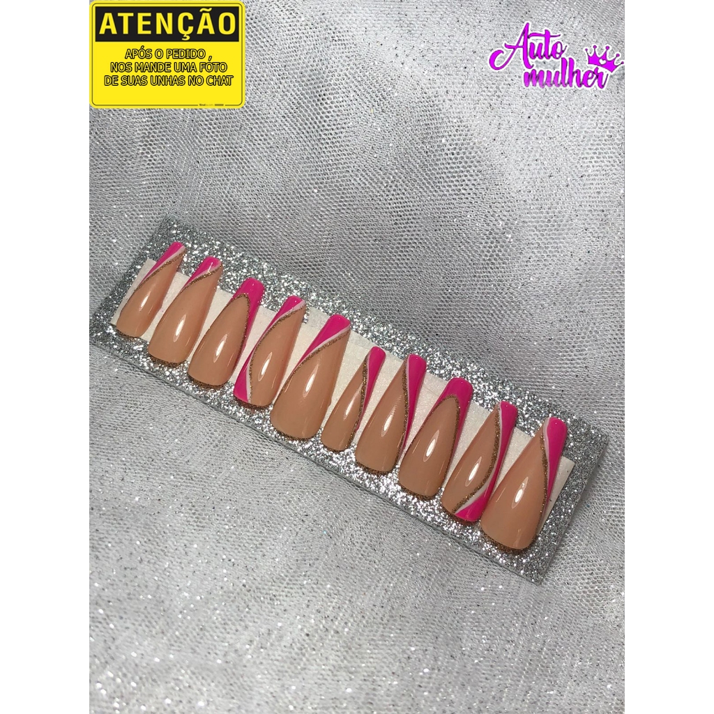 Postiça Realista Decorada Rosa Com Linhas Brancas E Douradas em Oferta na Shopee