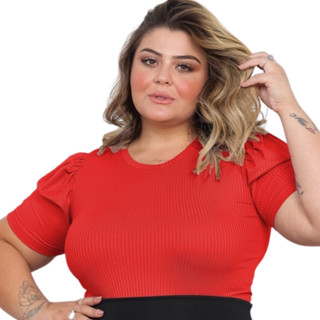 blusa canelada plus size manga longa bufante G1 G2 G3