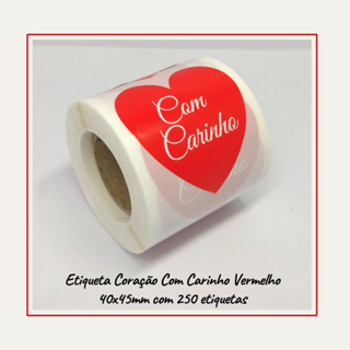 250 Etiquetas Adesivas Coração - Com Carinho - 40x45 Vermelho em Oferta na Shopee