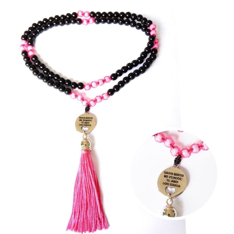 Imagem Japamala 108 Contas Pérola Negra com Acrílico Rosa E Pingente Ho'oponopono Rosário Budista Ref:294