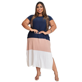 Vestido Feminino Plus Size Midi com Manga Bolsos Fenda Soltinho de Malha 44 ao 50