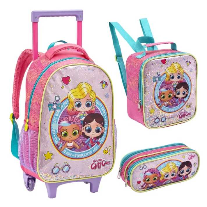 Kit Mochila Escolar Infantil Meninas de Rodinhas Bonecas Hey Glitter Girls - Mochila Rodinhas + Lancheira Térmica + Estojo Duplo - Miçangas Glitter Confetes - Seanite