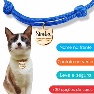Coleira de Identificação Pet com Plaquinha Pingente personalizado Gato Personalizada