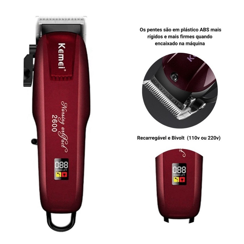 Máquina Profissional De Cortar Cabelo Sem Fio Bordô Kemei Km-PG2600