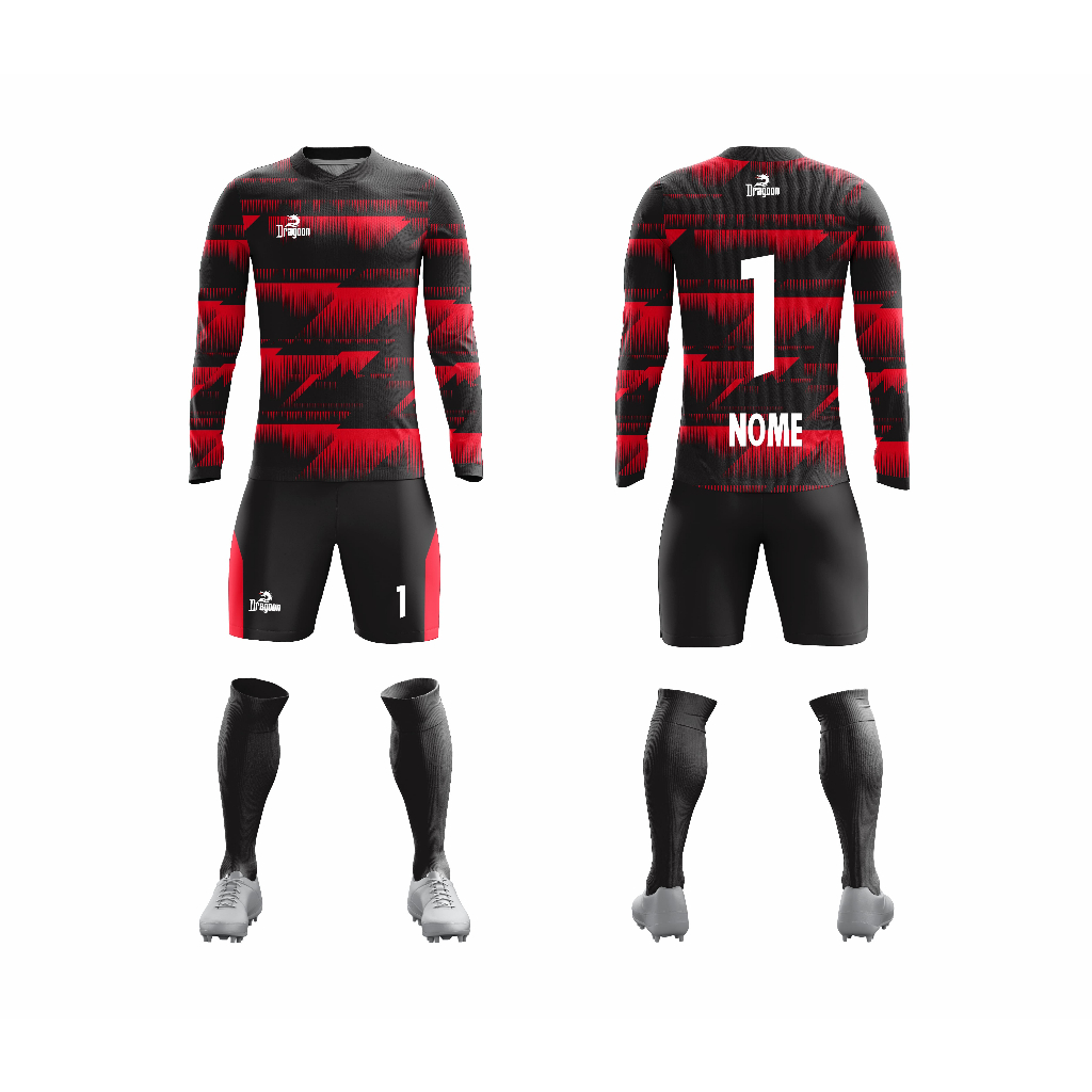 Camiseta Goleiro Camisa Calção Meião Lançamento Dry Vermelho e Preto