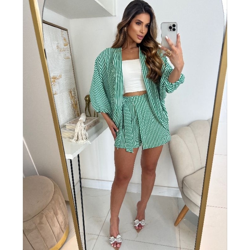 Conjunto Feminino  Short y Blusa Kimono Listrado em Oferta na Shopee