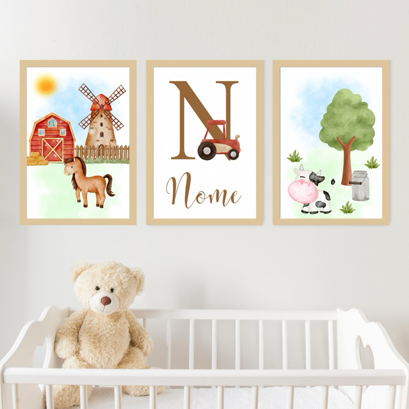 Kit 3 Quadros Decorativos 20x30 Infantil Personalizado Nome Bebê Para Quarto Ou Porta Maternidade Fazenda
