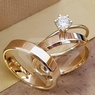 Par De Aliança De Casamento Chanfrada Com Solitário E Caixa Banhada A Ouro