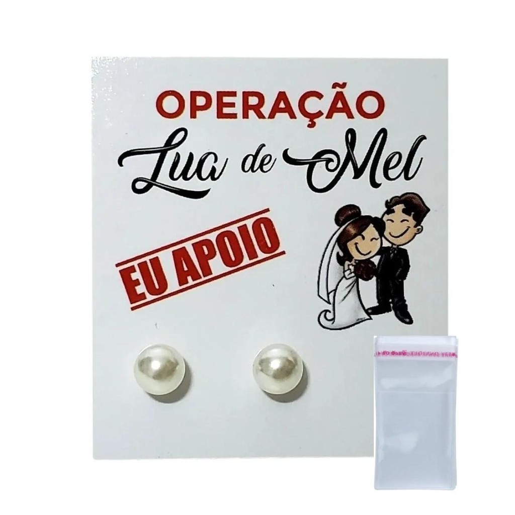 100 PARES DE BRINCOS PEROLA TAG OPERAÇÃO LUA DE MEL EU APOIO LEMBRANCINHA DE CASAMENTO