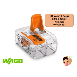Kit 10pçs Emendas WAGO Conector 2 Polos 0,08 a 4,0mm² Até 32A 221-412 - 10 unidades. Envio Rapido.