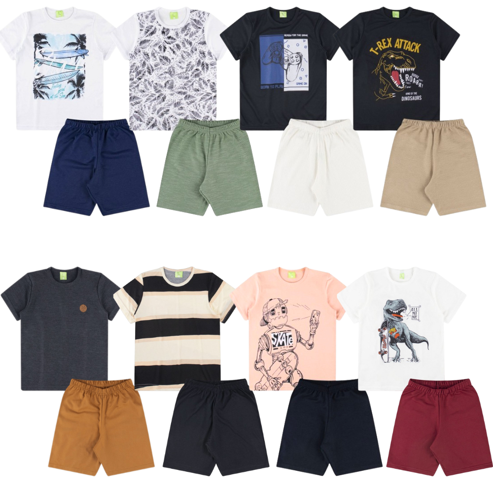 Kit Sortido 10 Peças de Roupas Infantil Menino - 5 Camisetas + 5 Bermudas - Promoção - Kit com 5 Conjuntos de Roupa Infantil Menino Verão Bebe Masculino Barato