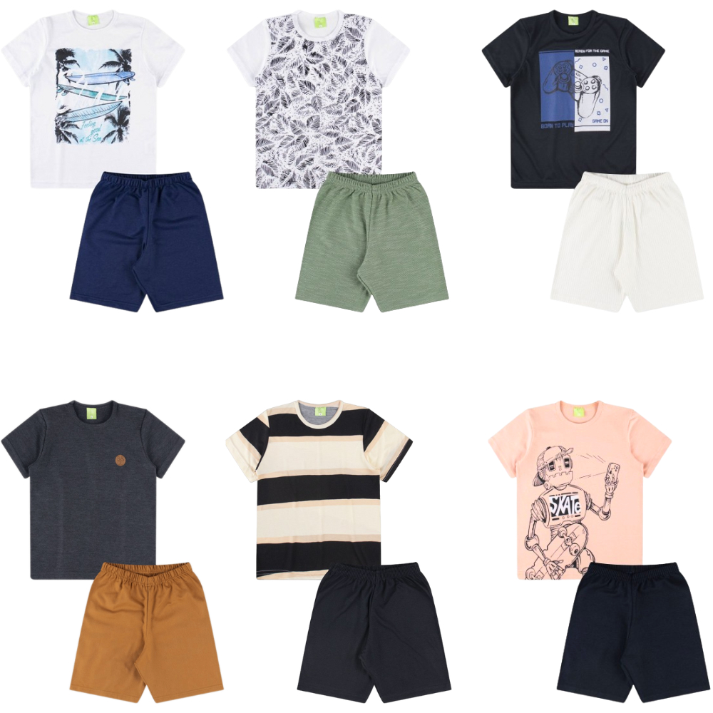 Kit Sortido 4 Peças de Roupas Infantil Menino- 2 Camisetas + 2 Shorts - Promoção - Kit com 2 Conjuntos de Roupa Infantil Menino Verão Bebe Masculino Barato