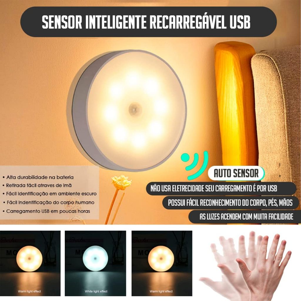 Lâmpada LED Inteligente 8.5x2cm Sensor de Movimento Presença Luminária Recarregável Cabo USB Luz Noturna Automática