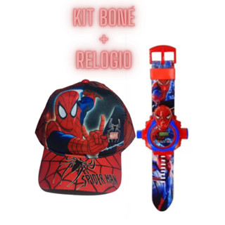 Kit 1 Relógio Led Homem Aranha com Projetor + 1 Boné Homem Aranha Menino Infantil