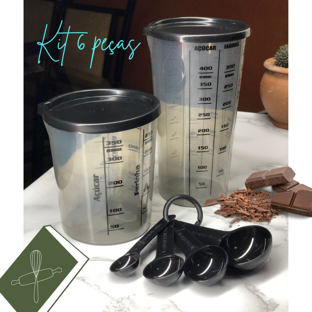 Kit 6 peças conjunto minimalista fume com 2 copos com tampa e colheres medidoras na cor preta em Oferta na Shopee