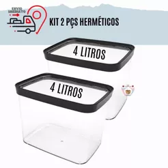 Kit Com 2 Potes Herméticos Cozinha 4 Litros Porta Mantimentos para grãos arroz ração Resistente