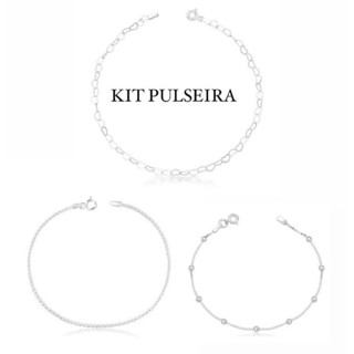 Kit 3 Pulseiras Prata 925 Coração Bolinha e Pipoca