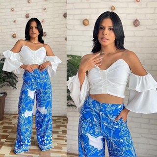 Calça pantalona casual estilo farm com duplo botão zíper sem forro