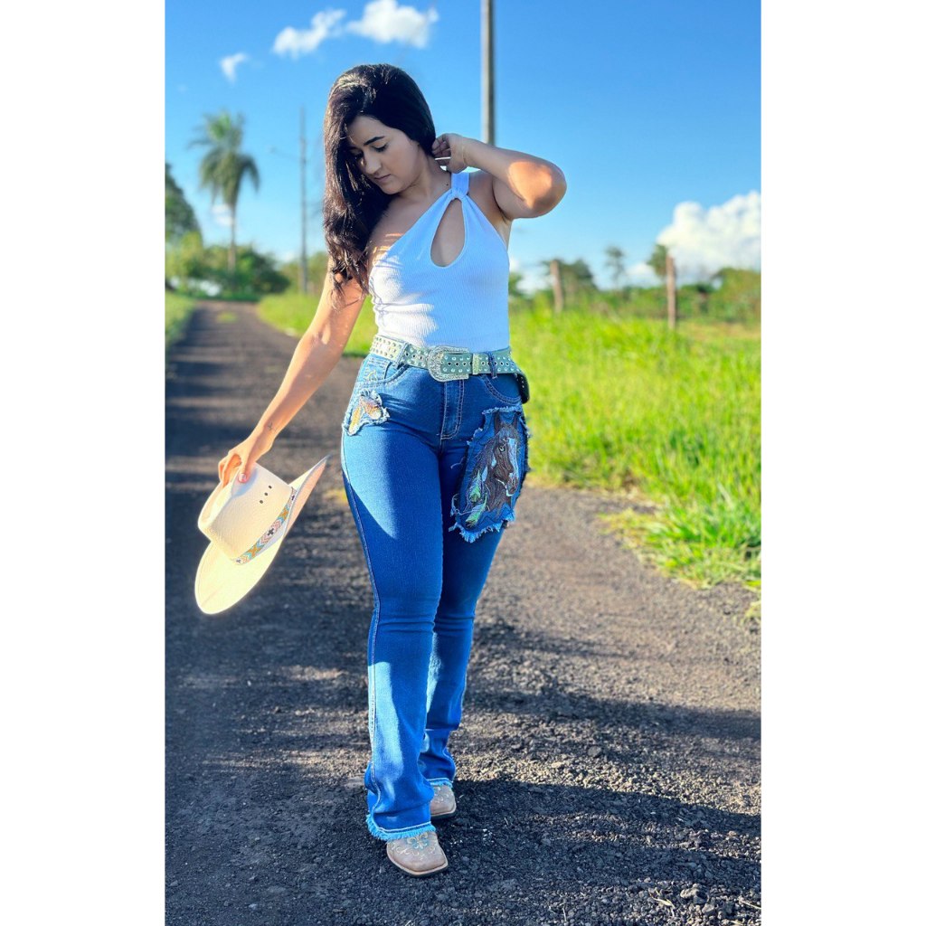 Calça feminina country Bordado em aplique em Oferta na Shopee