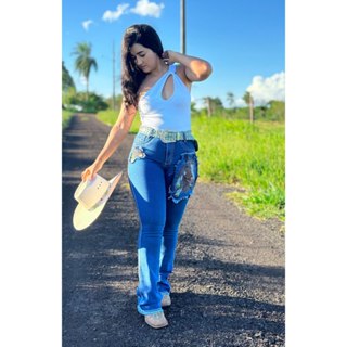 Calça feminina country Bordado em aplique em Oferta na Shopee