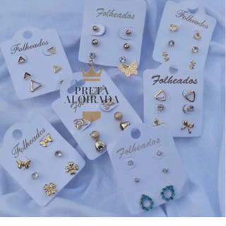 Brincos Folheados KIT 12 PARES Sortidos Pedras Argolas Pérola Ponto de Luz