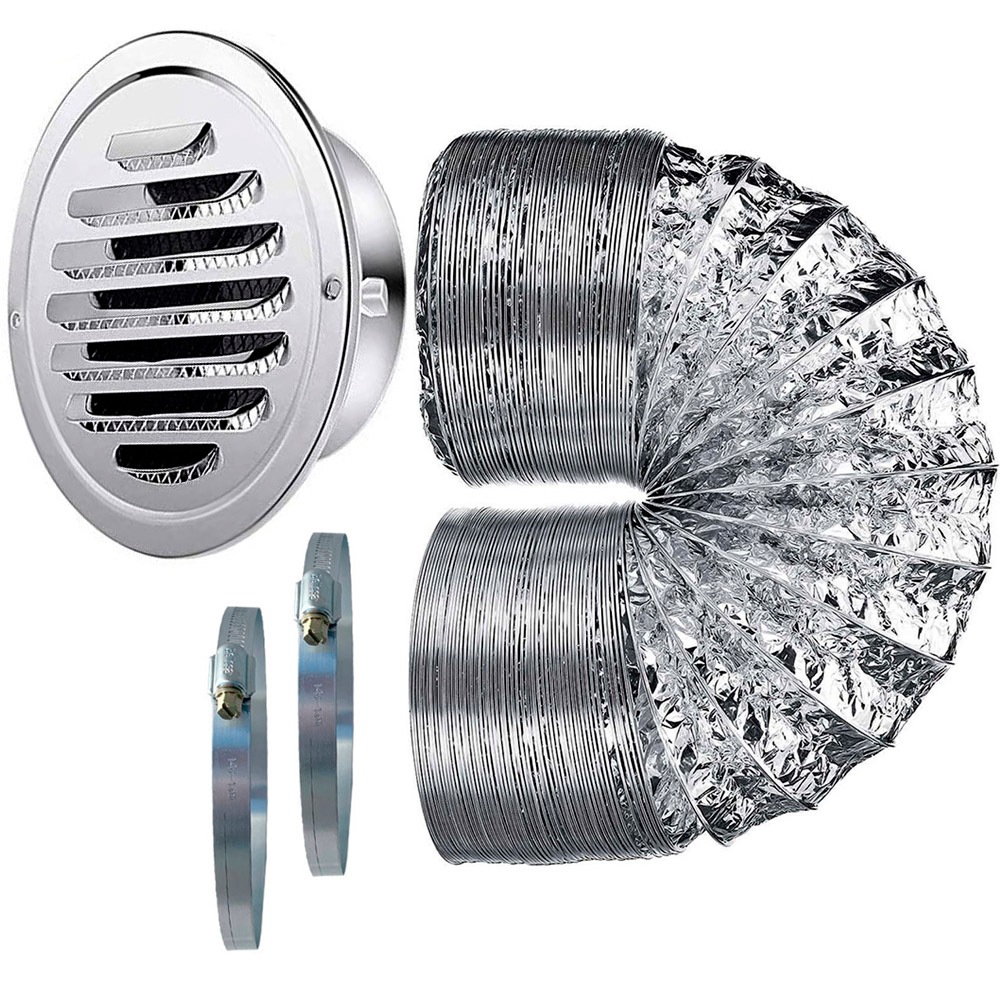 Imagem Veneziana Grade 100mm em Aço Inox com Tubo Duto Para Saída Ar Quente Secadora Exaustor Depurador Trailer Motor Home