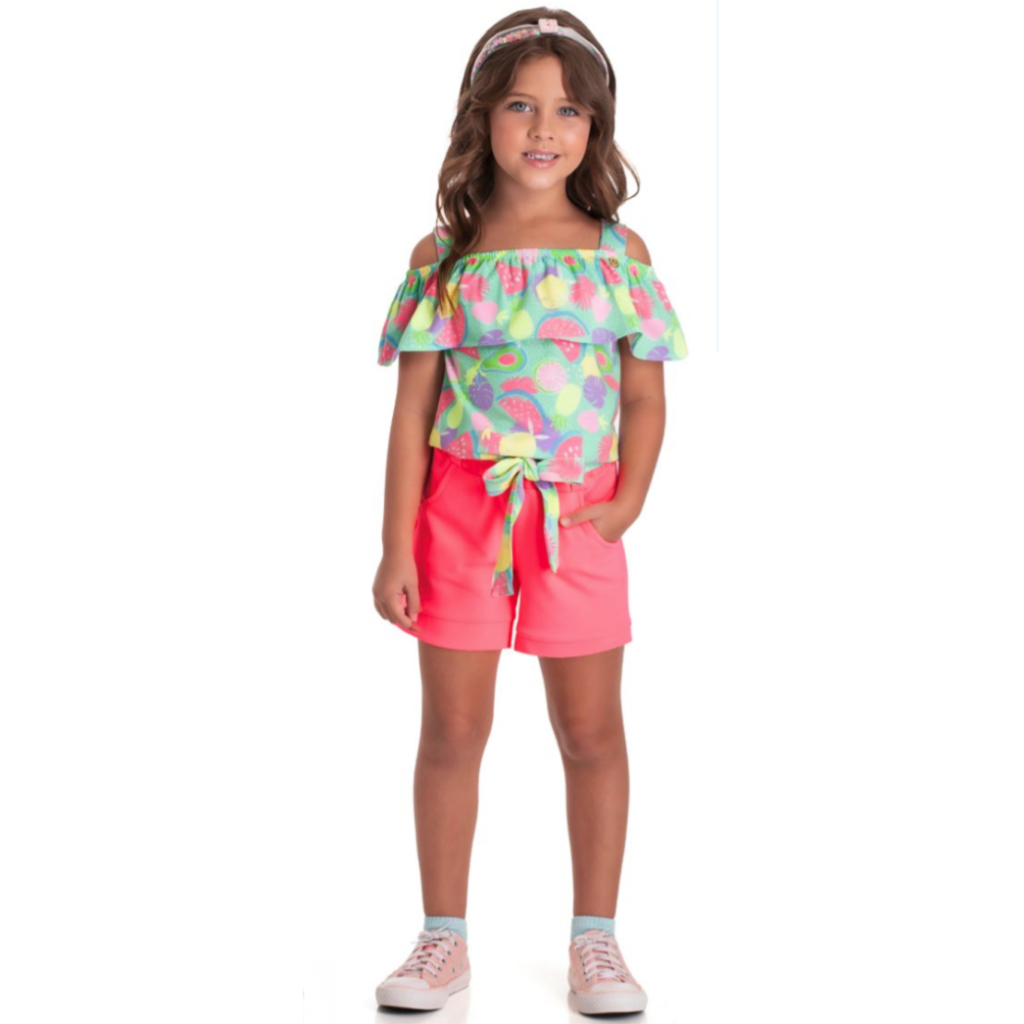 Conjunto Feminino infantil com Ciganinha em cotton pa e short em malha twill fresco verão Randa Mundu Camiseta e short bermuda ref 9455