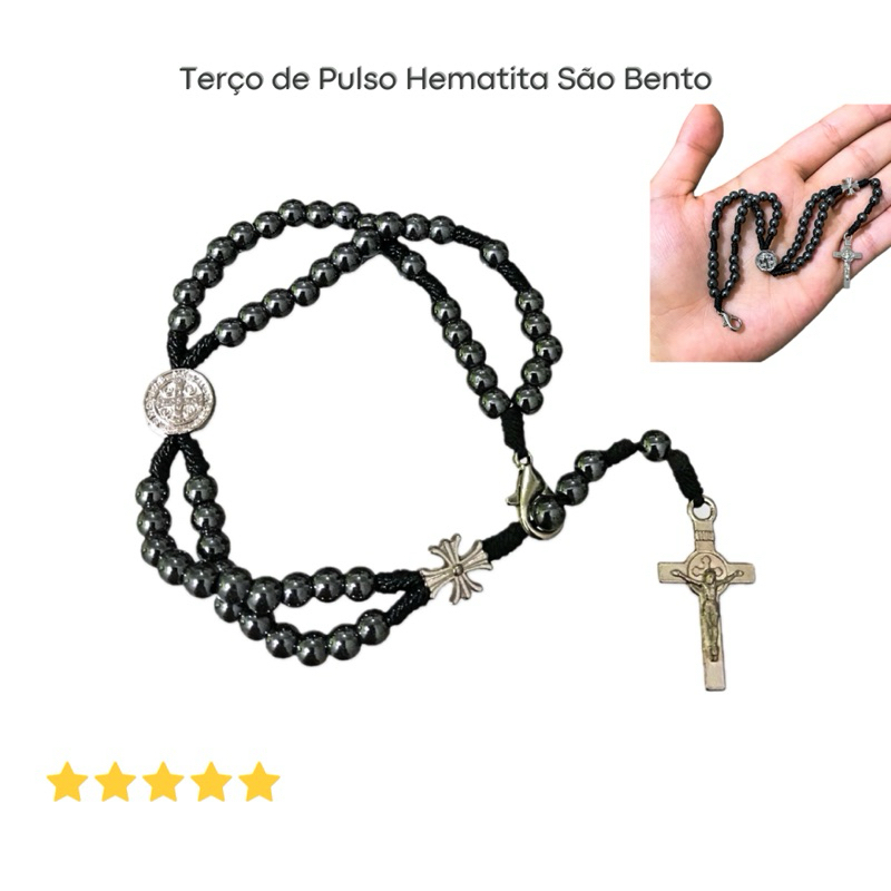 Terço de Pulso Hematita São Bento Medalha Cruz