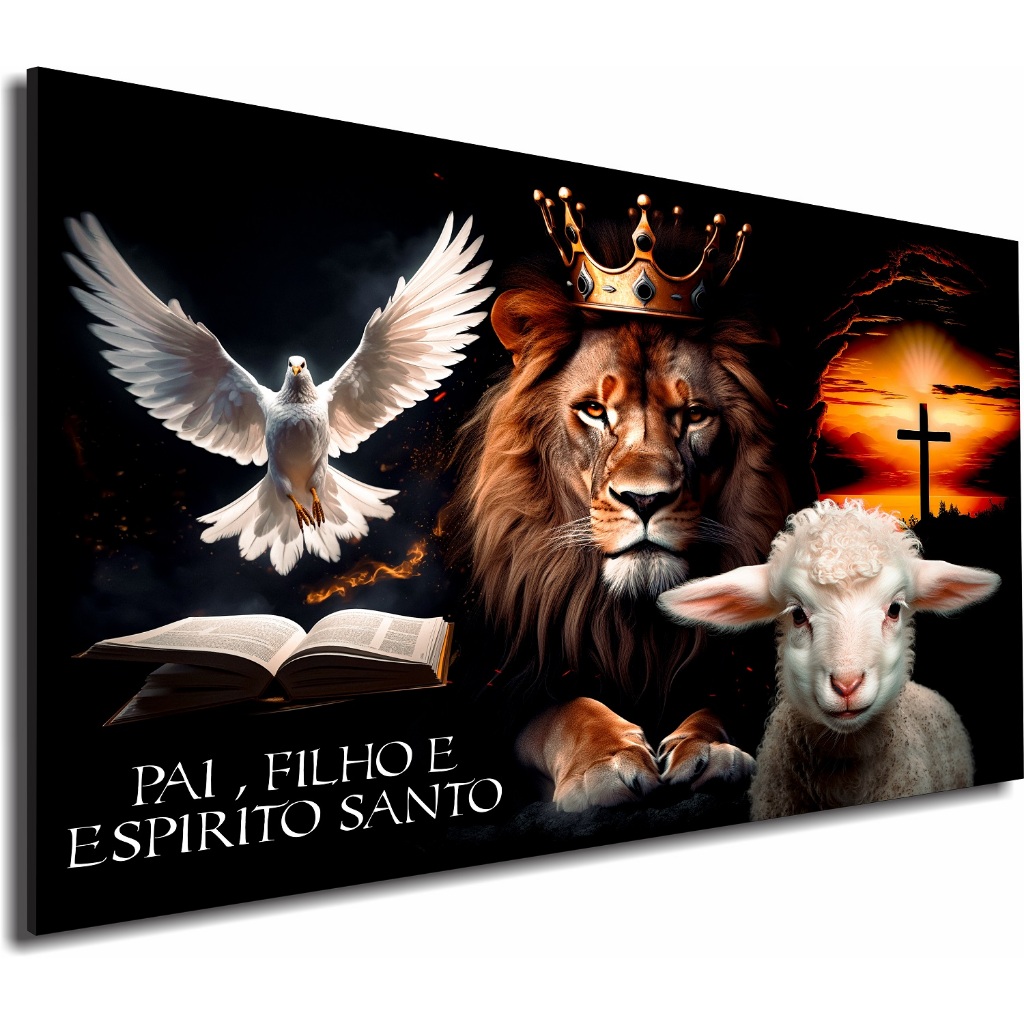 Quadro Decorativo 90x60cm Pai Filho Espírito Santo Leão de Judá Cordeiro Lançamento Exclusivo