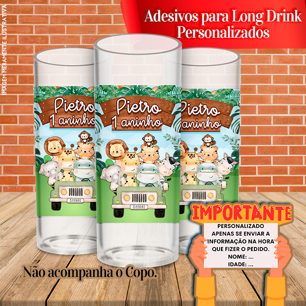 Adesivos Personalizados para Copo Long Drink Safari