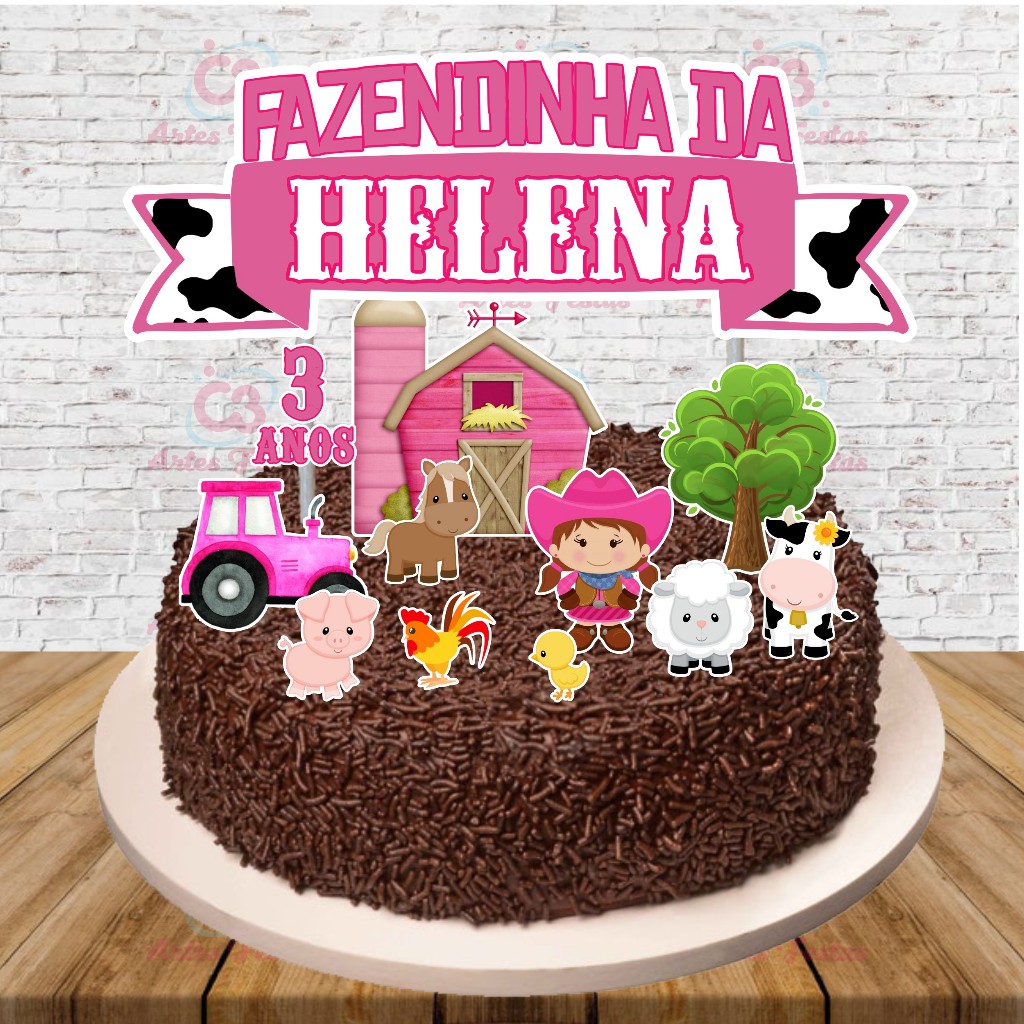Topo de bolo Festa Aniversário Fazendinha Menina em Oferta na Shopee