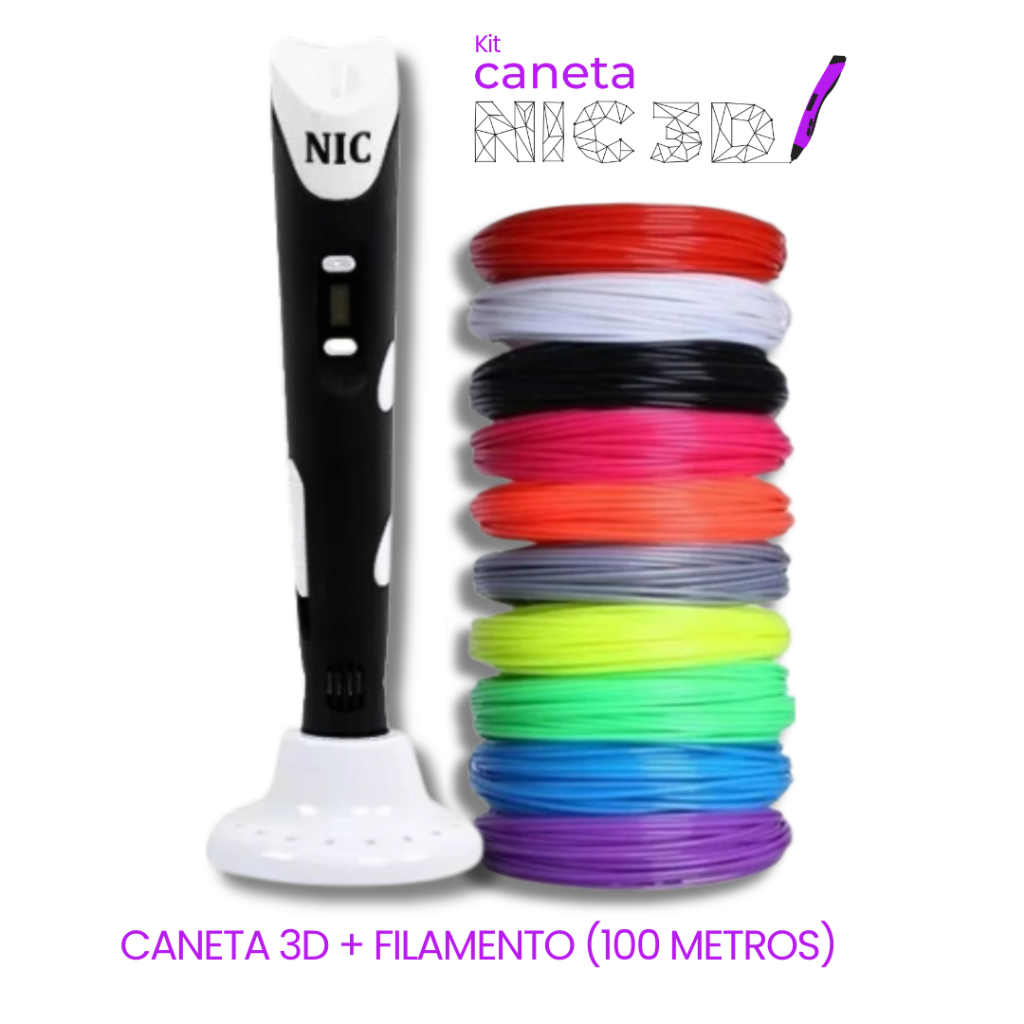 Caneta 3D Preta + Filamento 100 metros - 6 Meses de Garantia