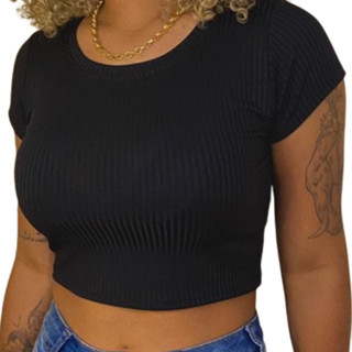 Cropped Canelado Basico Manga Curta Moda Feminina Moda Gringa