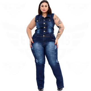Macacão Jeans Plus Size Longo Feminino Manga Regata - EWF - Azul Escuro