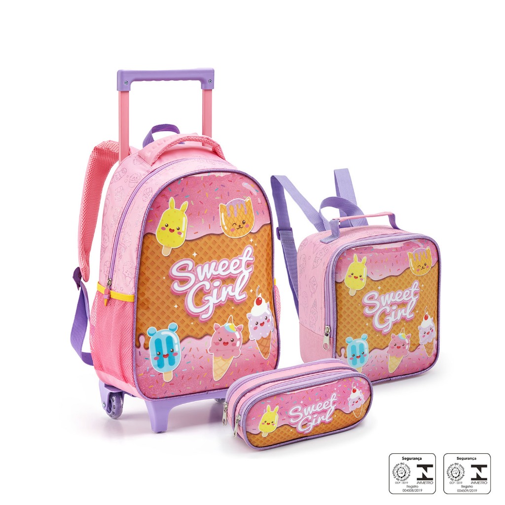 Kit Escolar Infantil Mochila Carrinho Rodinha Lancheira Estojo Sorvete Picole Slime Arcoiris Feminin