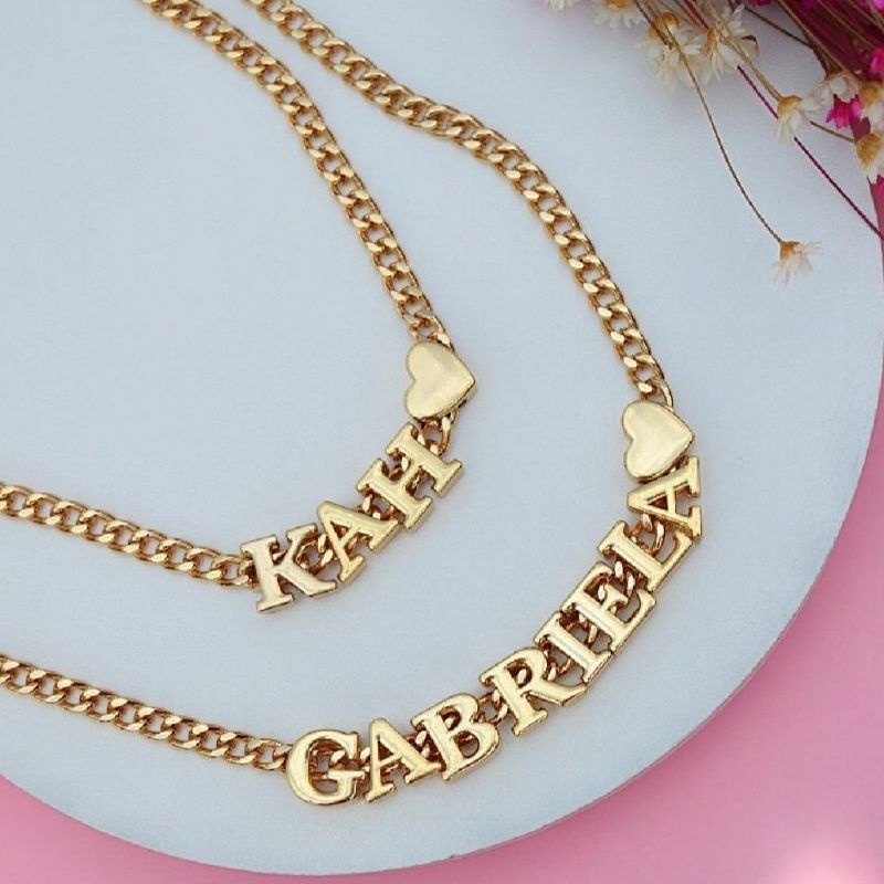 Gargantilha com Nome Letras Iniciais Personalizado Coração Banho Ouro AH9 em Oferta na Shopee