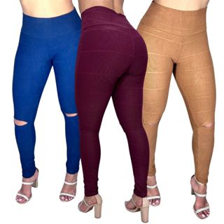 Calça Legging Bandagem Rasgo no Joelho Grossa Zero Transparência com Abertura no Joelho Cintura Alta Tamanho P M G GG Skinny