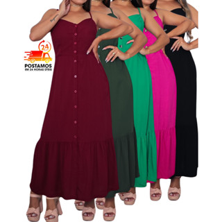 Vestido Longo com Fenda Feminino Casual Babado Com Botões e Bojo Elástico Costas Roupa Moda