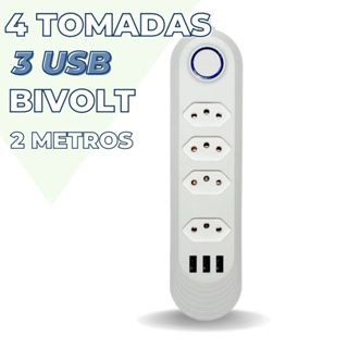 Extensão de 4 tomadas Bivolt Com 3 Usb / CABO 2 Metros Botão Liga e desliga
