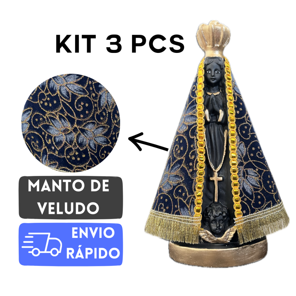 Kit 3un Revenda Imagem Nossa Senhora Aparecida Com Manto Veludo 22cm Artigo Religioso Oração Presente