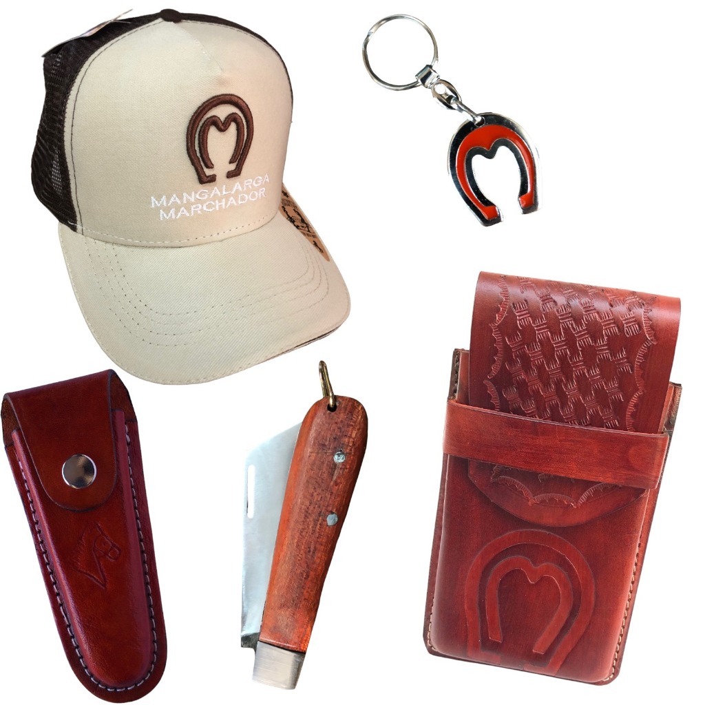 Kit country com Boné + Canivete Araguari + Capa para celular + bainha de couro + Chaveiro Mangalarga