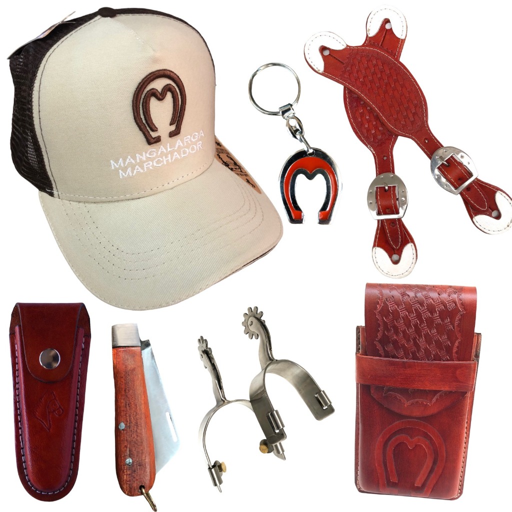 Kit country com boné, canivete, bainha, espora, correia, capa de celular, chaveiro mangalarga oferta